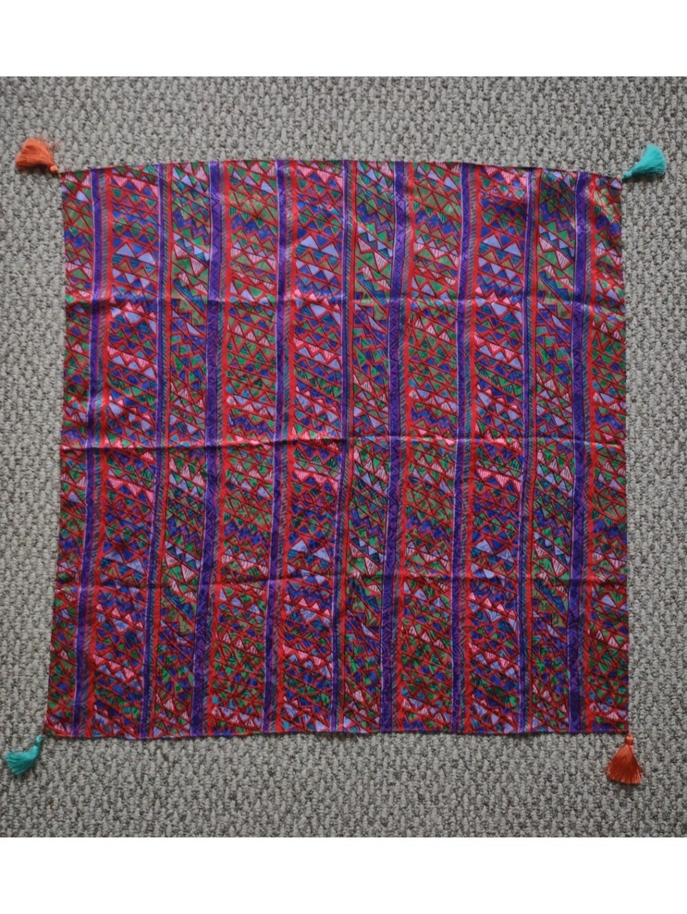 Diane Freis 100% Silk Scarf Red Purple Green Geometric Print Tassels 29" Square